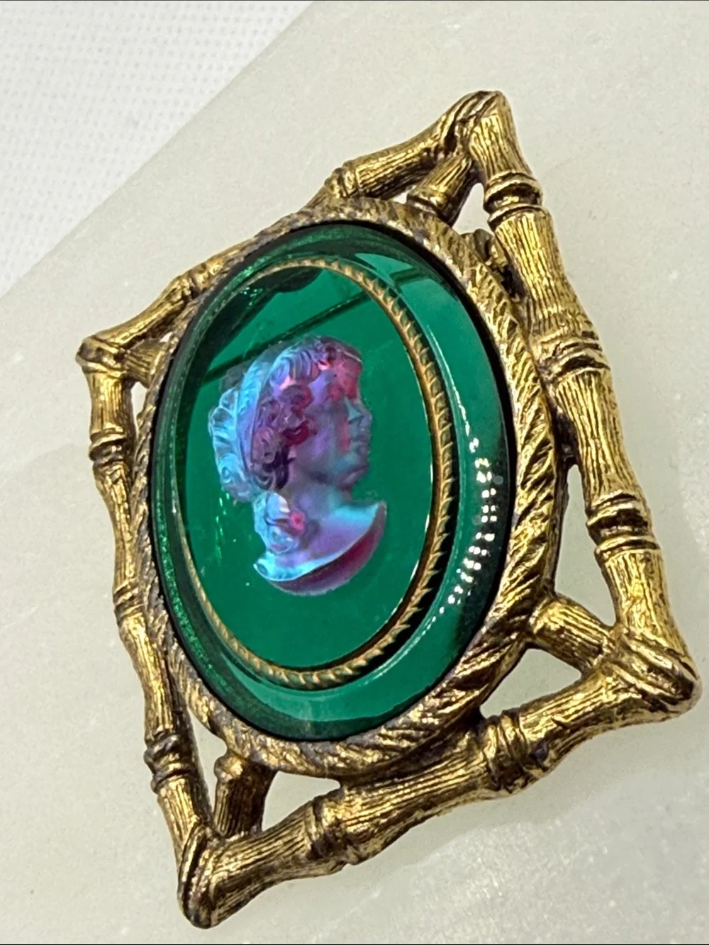 Vintage Green Glass Cameo Brooch with Gold Frame intaglio pin